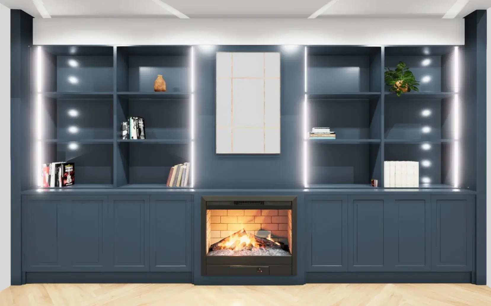 Rendered dark blue built-in joinery with integrated fireplace and shelving