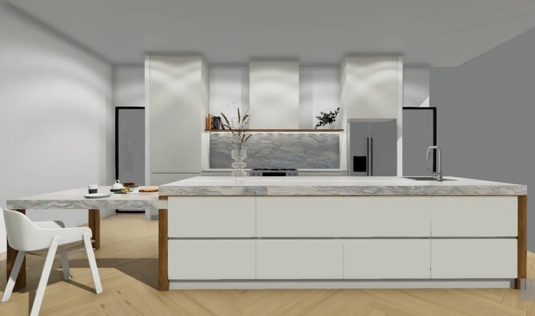 Rendered white kitchen with stone island, dining ledge and tall cabinetry