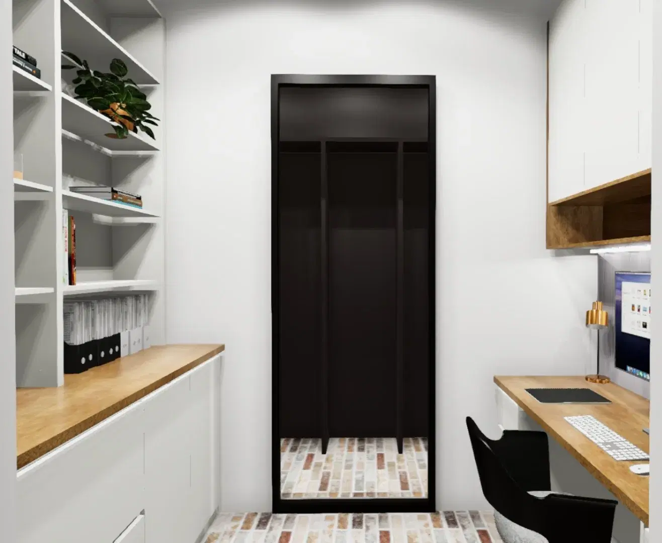 Rendered compact office with opposing timber desks and storage