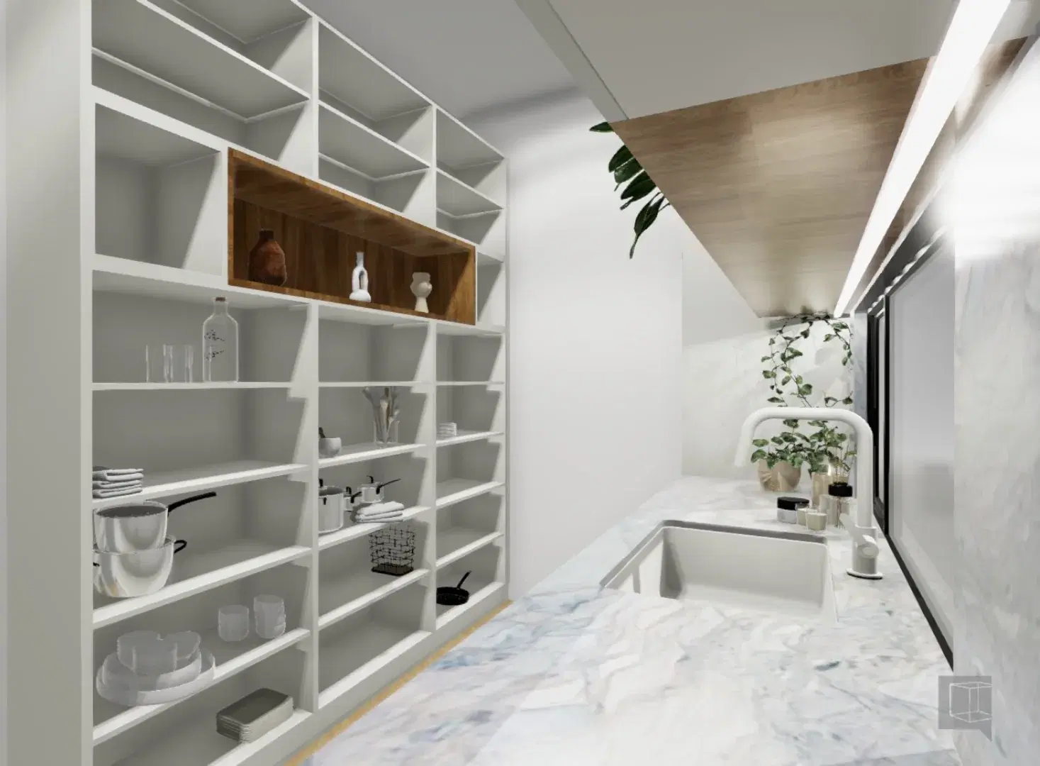 Rendered walk-through storage room with open shelving and central island