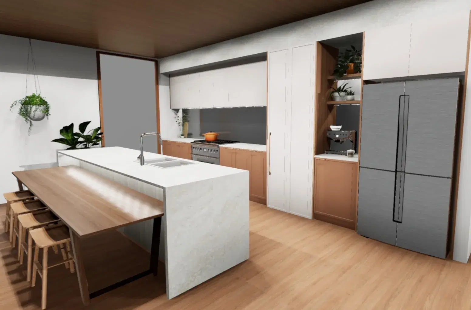 Rendered kitchen with timber wall cabinetry and integrated island seating